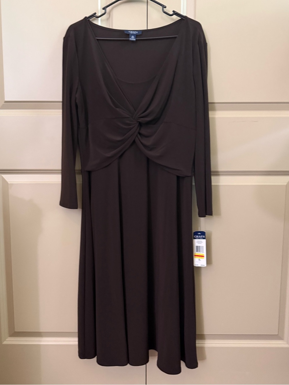 Chaps Elegant Twist-Front Long Sleeve Dress in Dark Brown